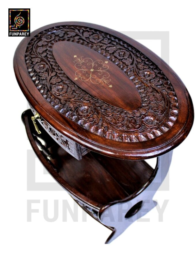 Handmade Wooden Magazine Table 20" with Brass and Caving Work - Image 5