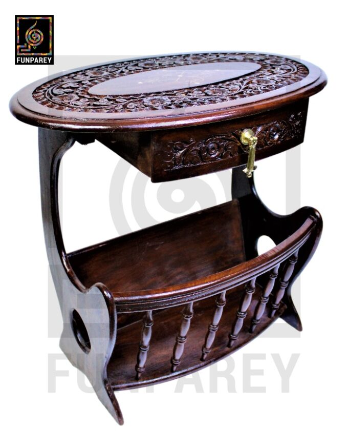 Handmade Wooden Magazine Table 20" with Brass and Caving Work - Image 6
