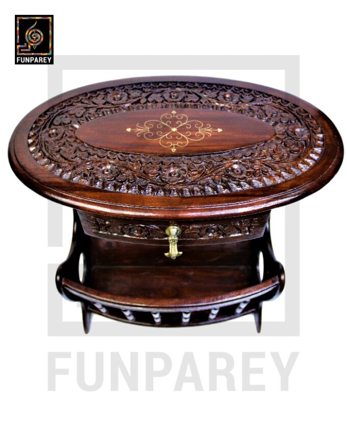 Handmade Wooden Magazine Table 20" with Brass and Caving Work - Image 7
