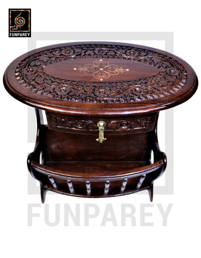 Handmade Wooden Magazine Table 20" with Brass and Caving Work - Image 14
