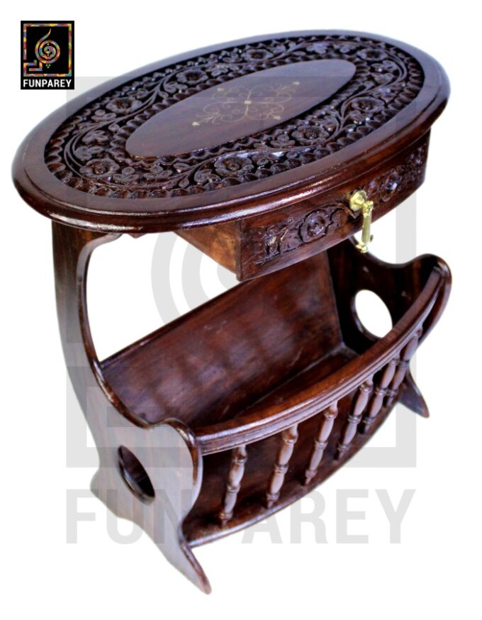 Handmade Wooden Magazine Table 20" with Brass and Caving Work - Image 10