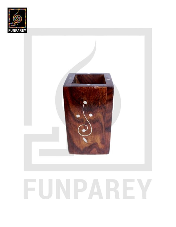 Hand Carved Square Shaped Wooden Accessory jar with White Work - Image 2
