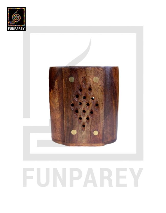Hand Carved Oblong Shaped Accessory Jar with Brass Work - Image 3