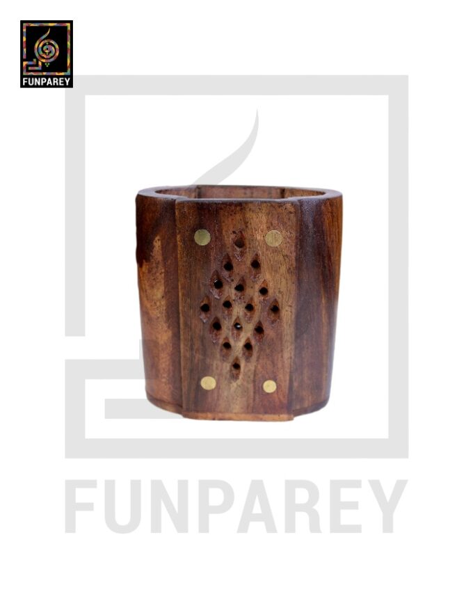 Hand Carved Oblong Shaped Accessory Jar with Brass Work