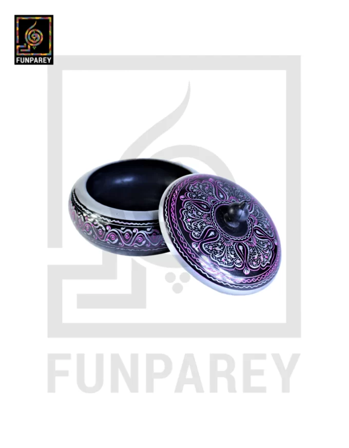 Wooden Candy Bowl 6" with Nakshi Art Pink and Gray - Image 4