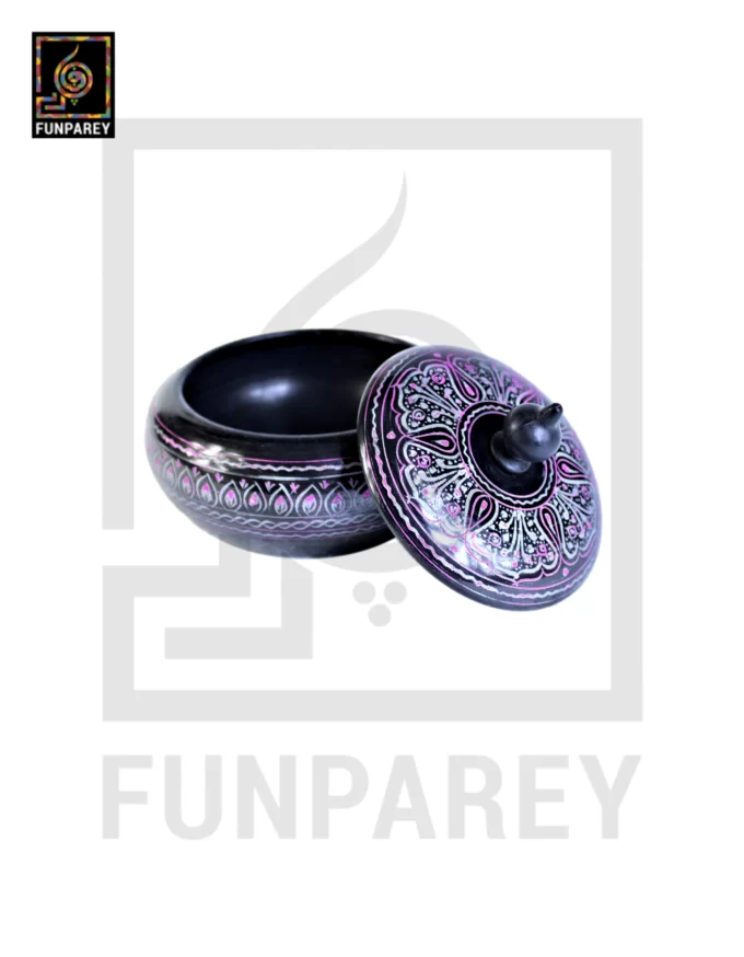 Wooden Candy Bowl 6" with Nakshi Art Pink and Gray - Image 2