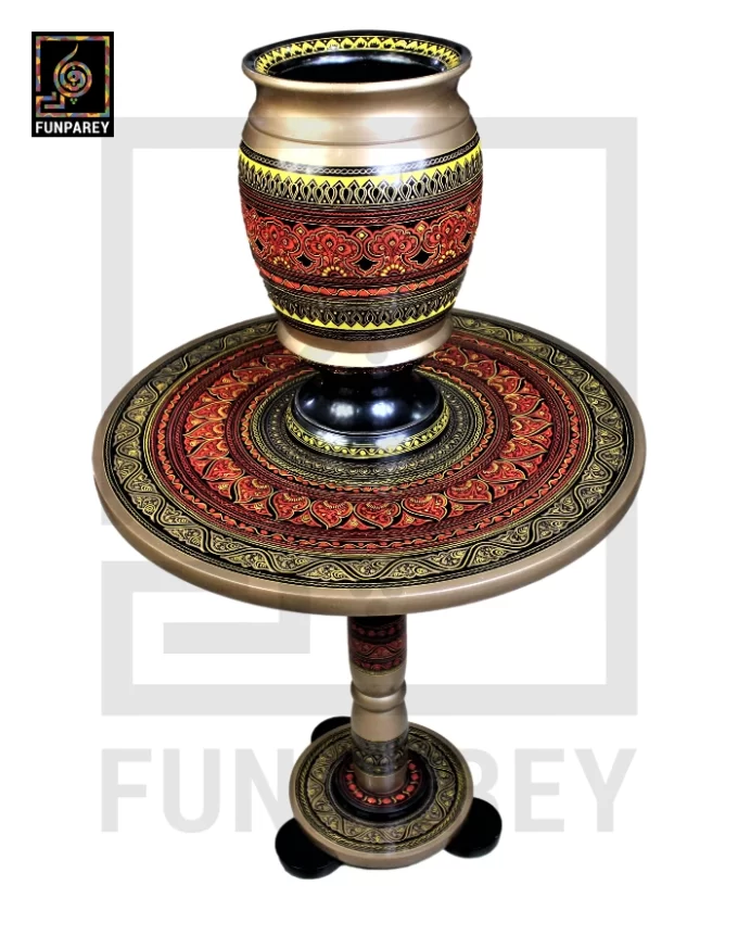 Wooden Table and Planter Vase Set with Nakshi Art 18" Red - Image 5