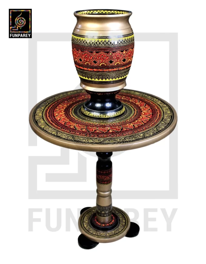 Wooden Table and Planter Vase Set with Nakshi Art 18" Red