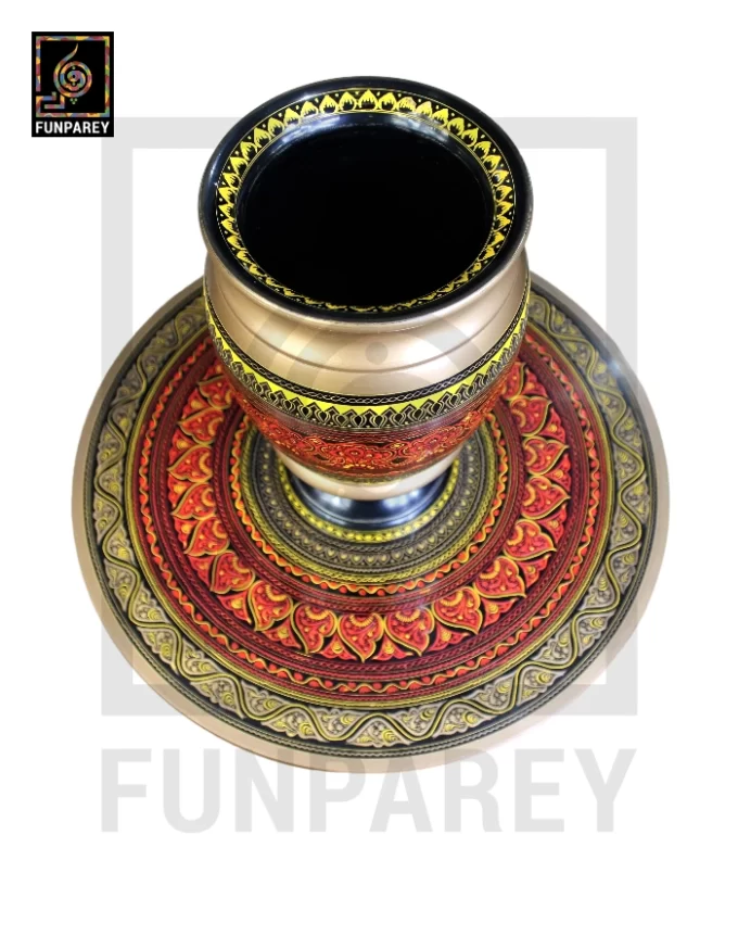 Wooden Table and Planter Vase Set with Nakshi Art 18" Red - Image 3