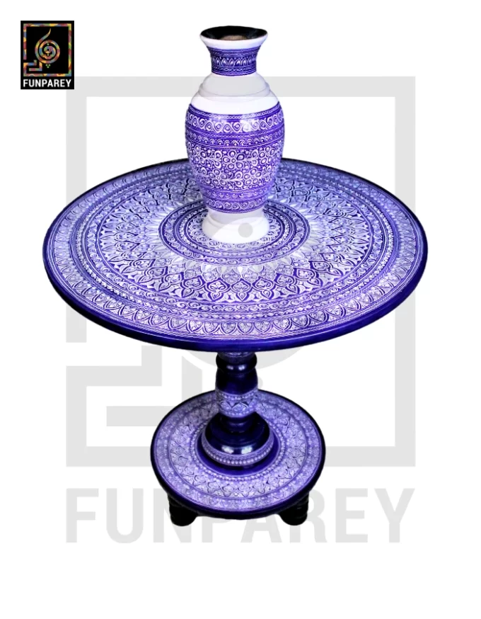 Nakshi Table and Vase Set with Blue Pottery Art Dark Contrast 24"