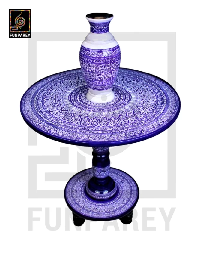 Nakshi Table and Vase Set with Blue Pottery Art Dark Contrast 24" - Image 6