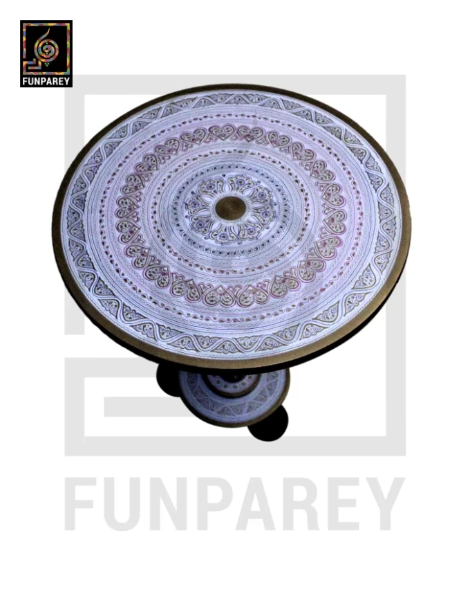 Handmade Wooden Table with White Naqshi Art Mandala Pink - Image 5