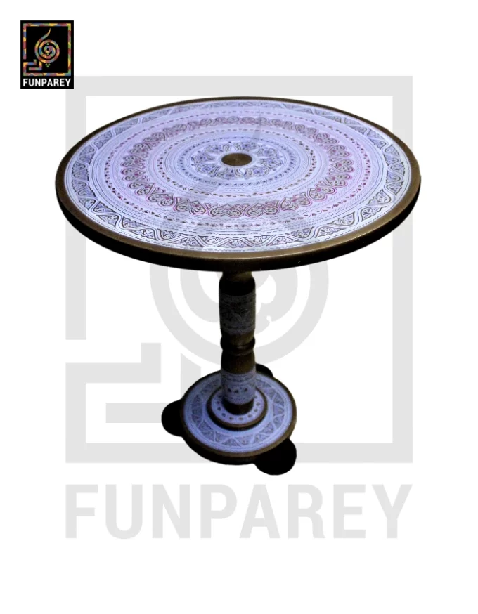 Handmade Wooden Table with White Naqshi Art Mandala Pink - Image 6