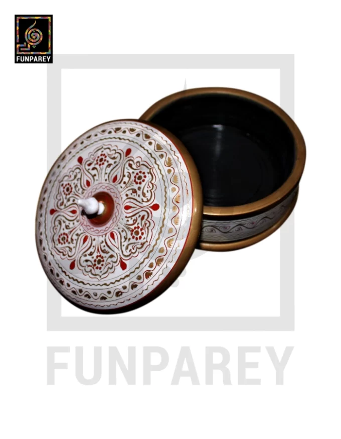 Wooden Candy Bowl 6" with Nakshi Art Flat Surface White