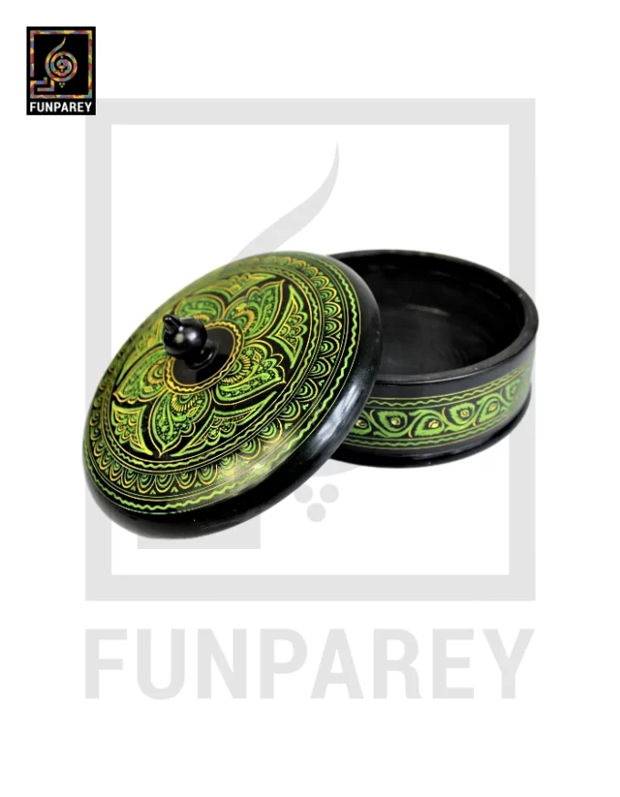 Wooden Candy Bowl 6" with Nakshi Art Flat Surface Green - Image 4