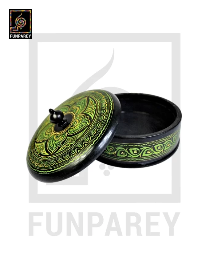 Wooden Candy Bowl 6" with Nakshi Art Flat Surface Green - Image 8