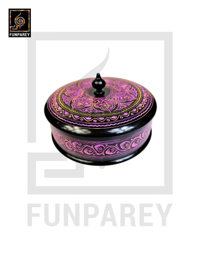 Wooden Candy Bowl 6" with Nakshi Art Flat Surface Pink - Image 2