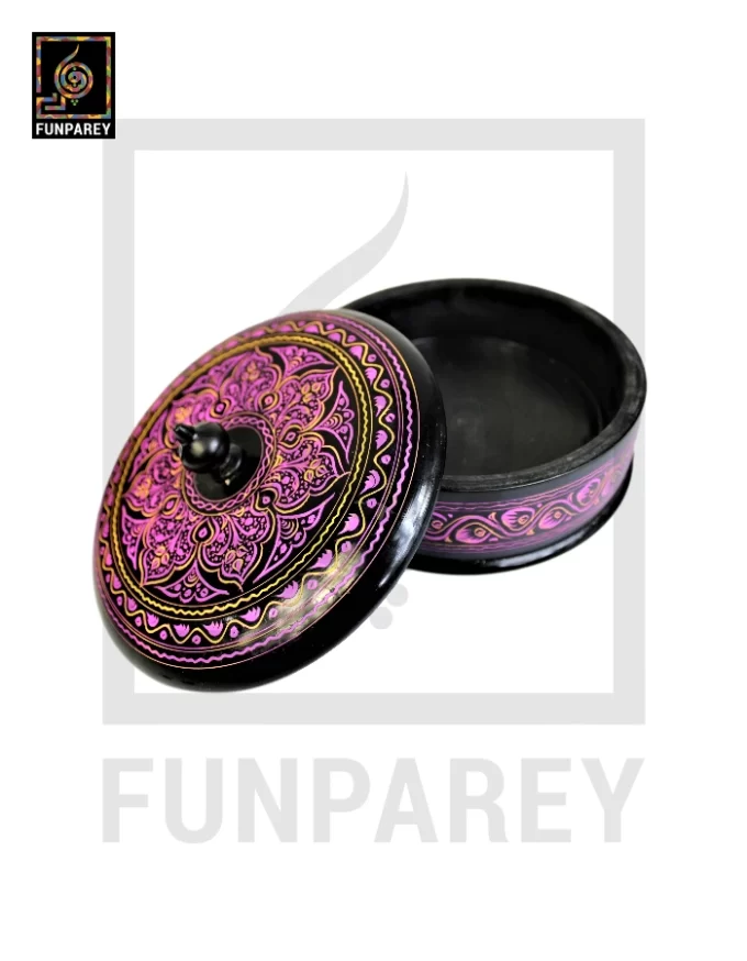 Wooden Candy Bowl 6" with Nakshi Art Flat Surface Pink - Image 6