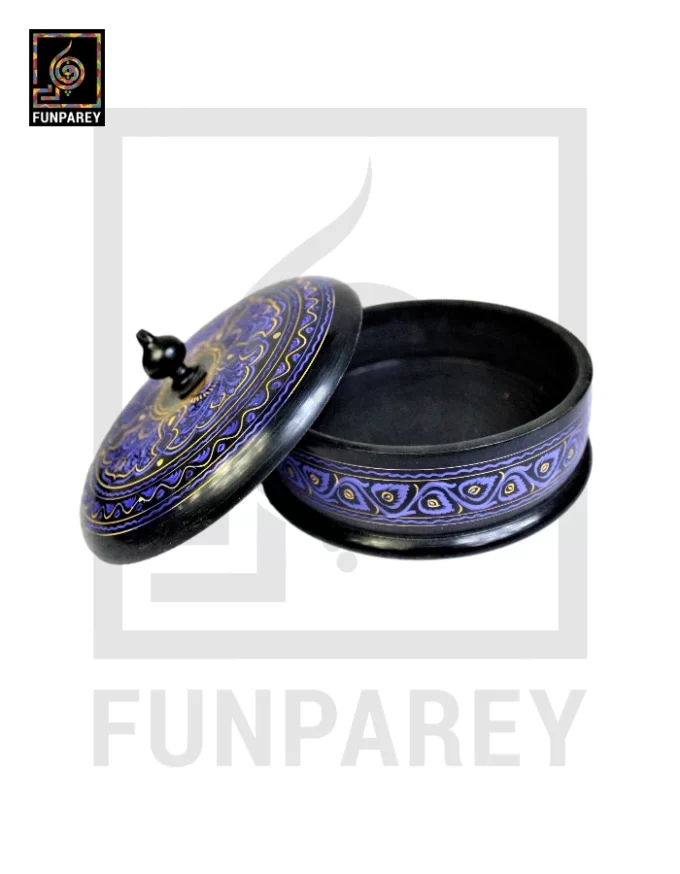 Wooden Candy Bowl 6" with Nakshi Art Flat Surface Blue - Image 4