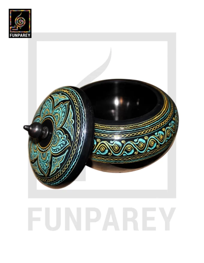 Premium Wooden Candy Bowl with Nakshi Art Cyan - Image 3