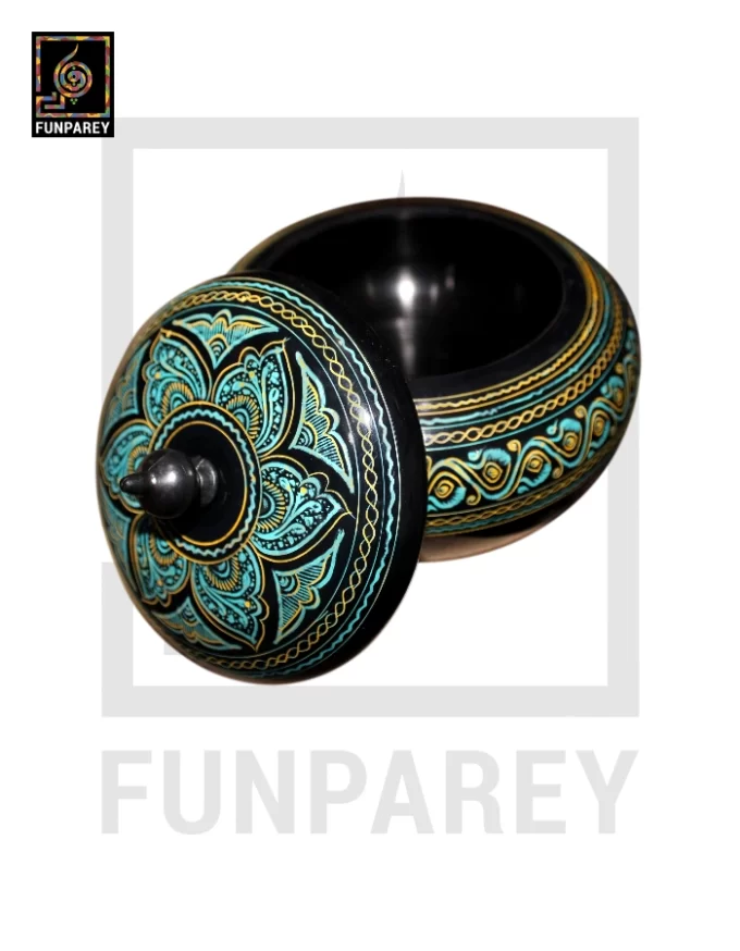 Premium Wooden Candy Bowl with Nakshi Art Cyan - Image 2