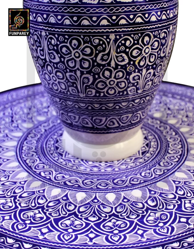 Nakshi Table and Vase Set with Blue Pottery Art Dark Contrast 18" - Image 9