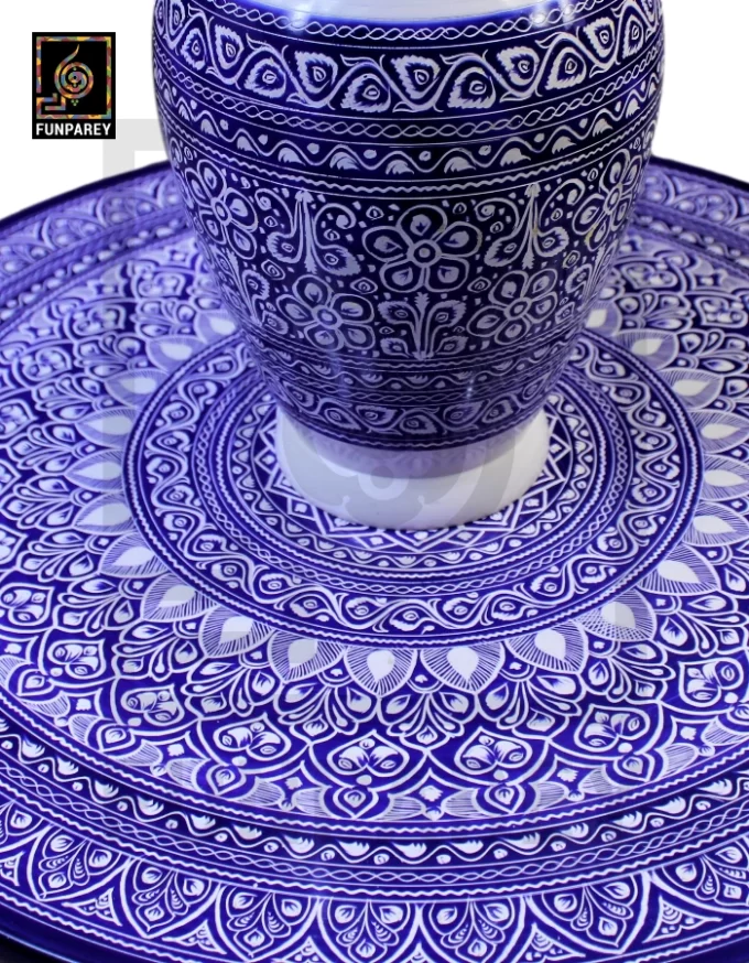 Nakshi Table and Vase Set with Blue Pottery Art Dark Contrast 18" - Image 6