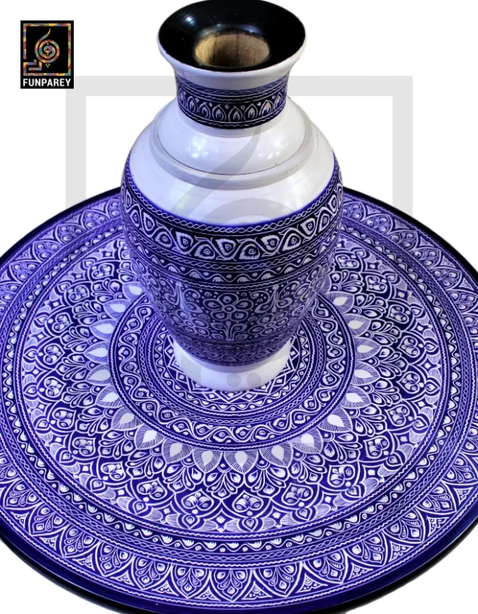 Nakshi Table and Vase Set with Blue Pottery Art Dark Contrast 18" - Image 5