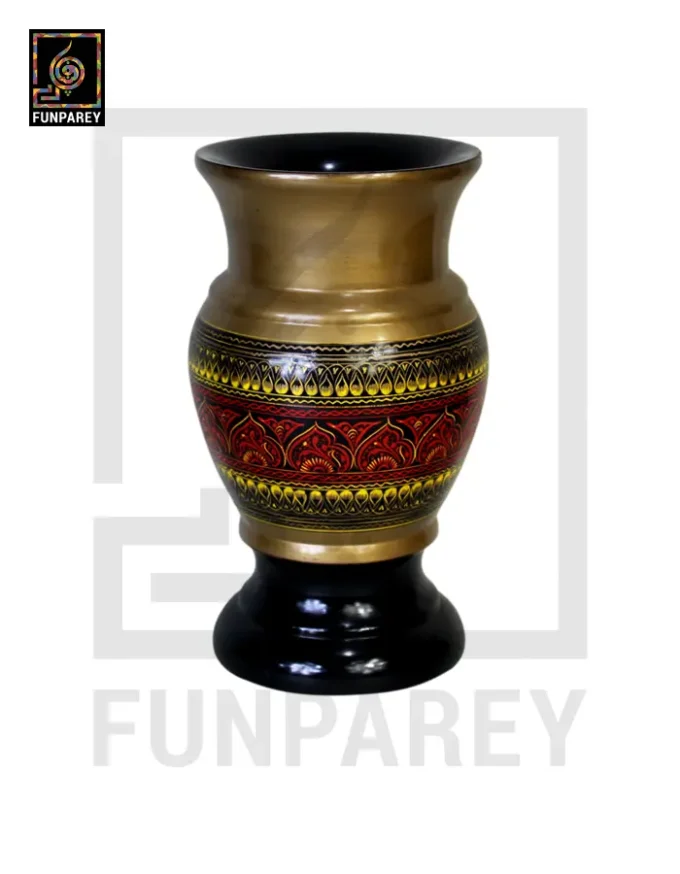 Wooden Flower Pot With Red Nakshi Art 9" Golden - Image 4