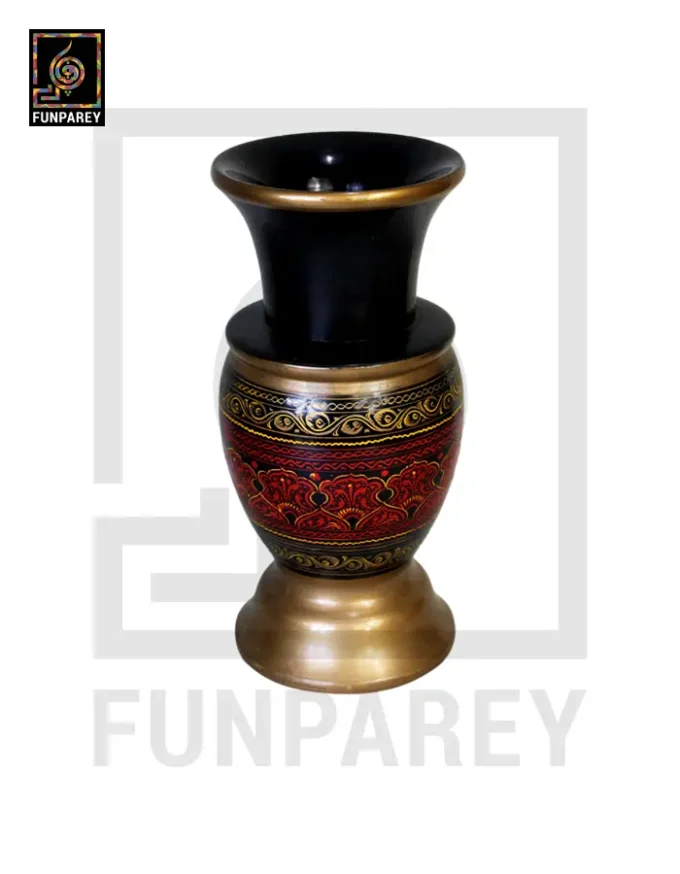 Wooden Flower Pot With Nakshi Art - 9" Red And Gold - Image 4
