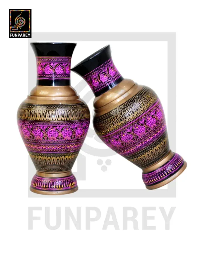 Handmade Wooden Vase Pair with Nakshi Art - 13" Majenta - Image 2