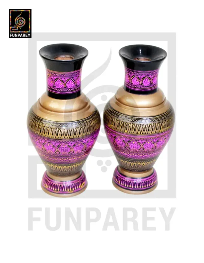 Handmade Wooden Vase Pair with Nakshi Art - 13" Majenta - Image 4