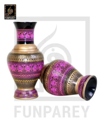Handmade Wooden Vase Pair with Nakshi Art - 13" Majenta