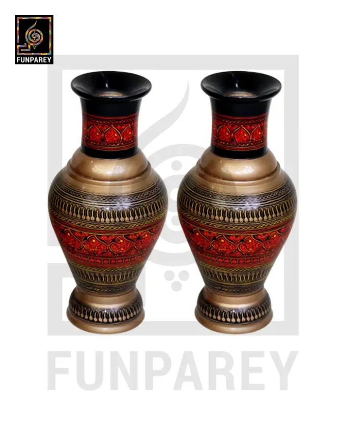 Handmade Wooden Vase Pair with Naqshi Art - 13" Red - Image 14