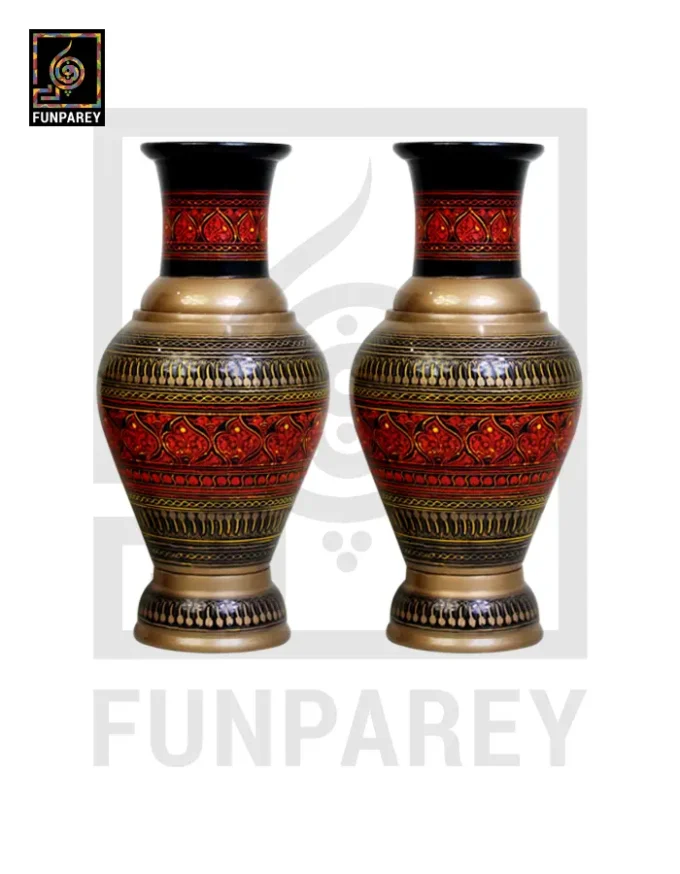 Handmade Wooden Vase Pair with Naqshi Art - 13" Red - Image 3