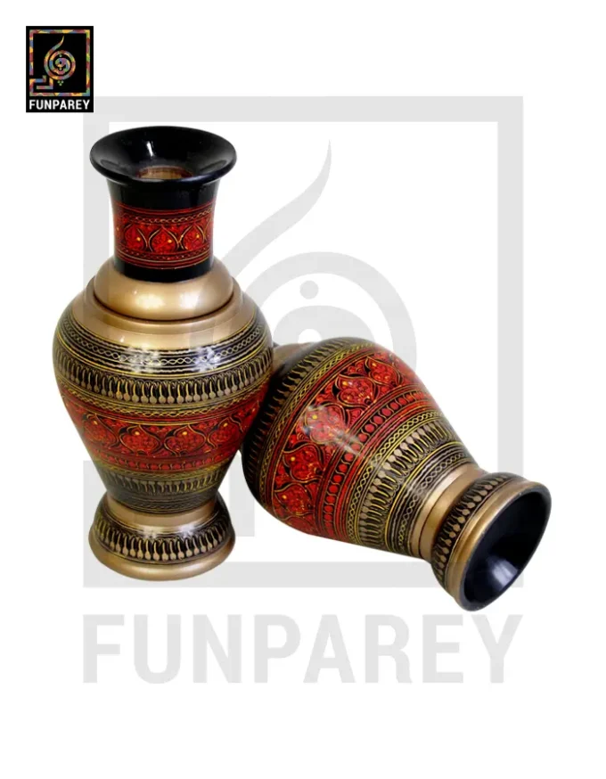 Handmade Wooden Vase Pair with Naqshi Art - 13" Red - Image 12