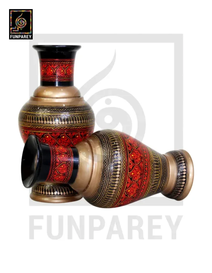 Handmade Wooden Vase Pair with Naqshi Art - 13" Red - Image 6