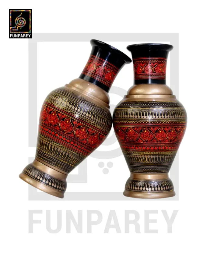 Handmade Wooden Vase Pair with Naqshi Art - 13" Red - Image 5