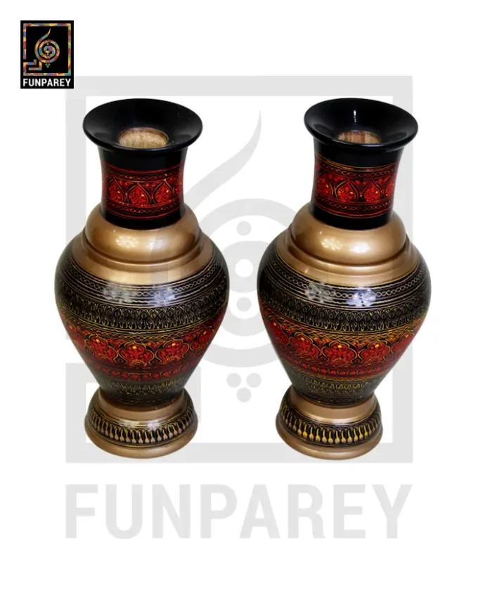 Handmade Wooden Vase Pair with Naqshi Art - 13" Red - Image 9
