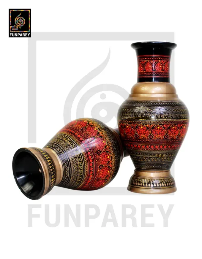 Handmade Wooden Vase Pair with Naqshi Art - 13" Red - Image 8