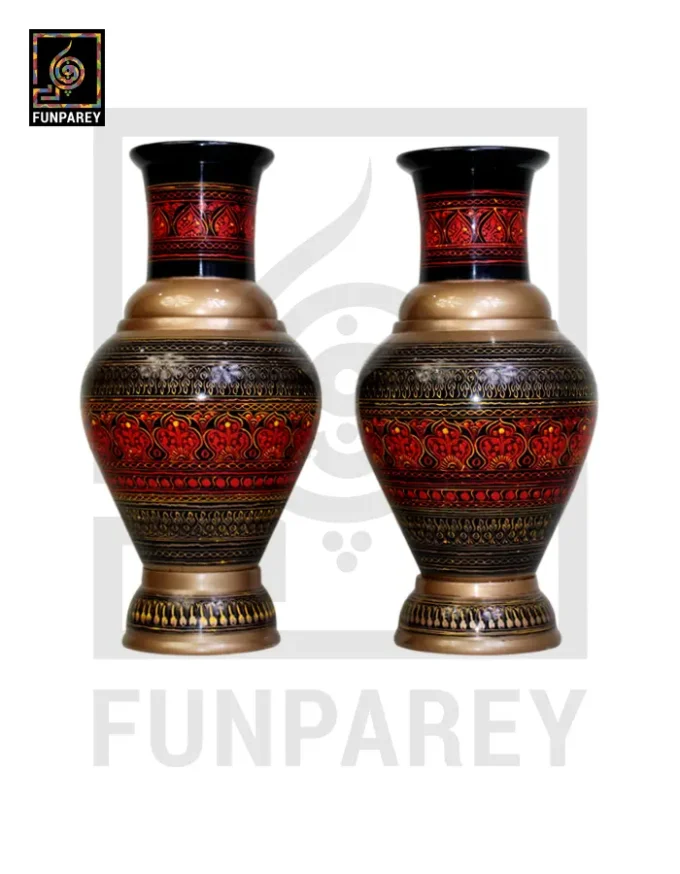 Handmade Wooden Vase Pair with Naqshi Art - 13" Red - Image 11
