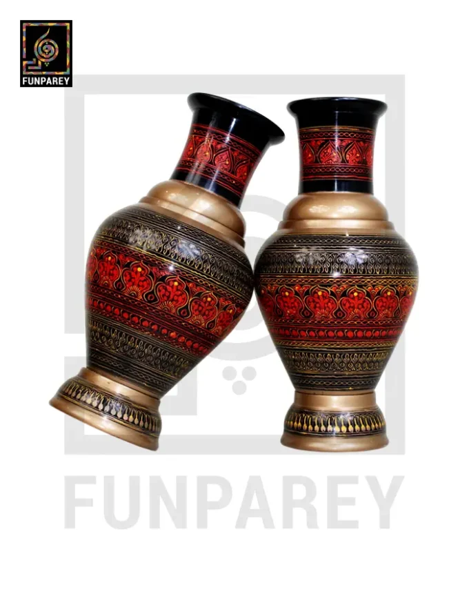 Handmade Wooden Vase Pair with Naqshi Art - 13" Red - Image 17