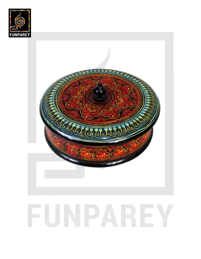 Wooden Candy Bowl 6" with Nakshi Art Flat Surface Red - Image 3