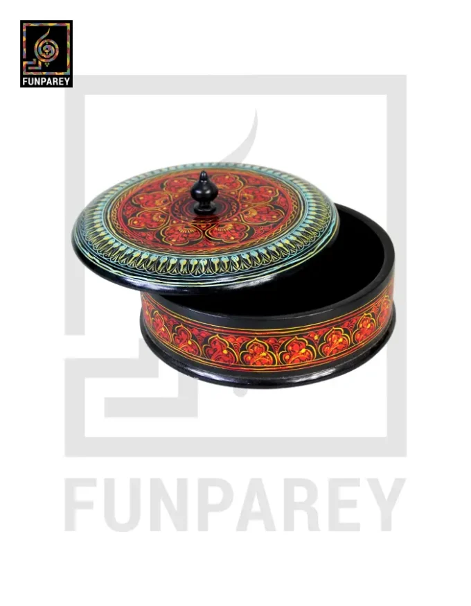 Wooden Candy Bowl 6" with Nakshi Art Flat Surface Red - Image 4