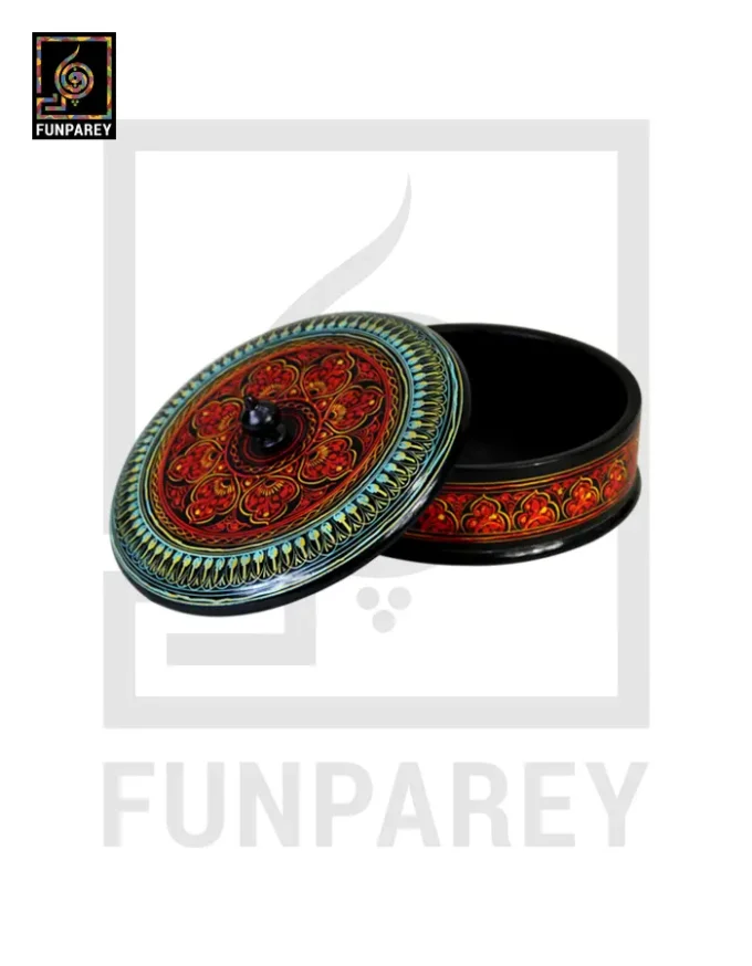 Wooden Candy Bowl 6" with Nakshi Art Flat Surface Red - Image 2