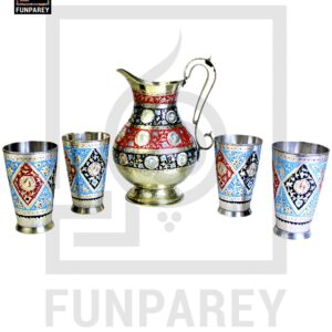Handmade Antique Brass Jug Set with Colored Motif