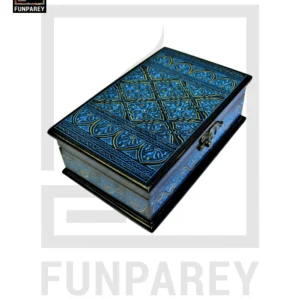 Wooden Jewelry Box Edged 8/5 with Nakshi Art Blue