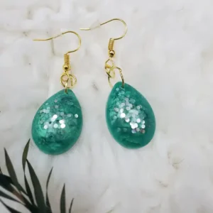Handcrafted Resin Earrings - Green With Silver Glitters