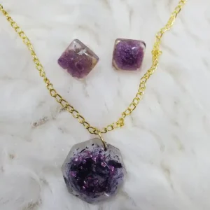 Resin Jewellery Set - Faux Amethyst Pendant & Earrings