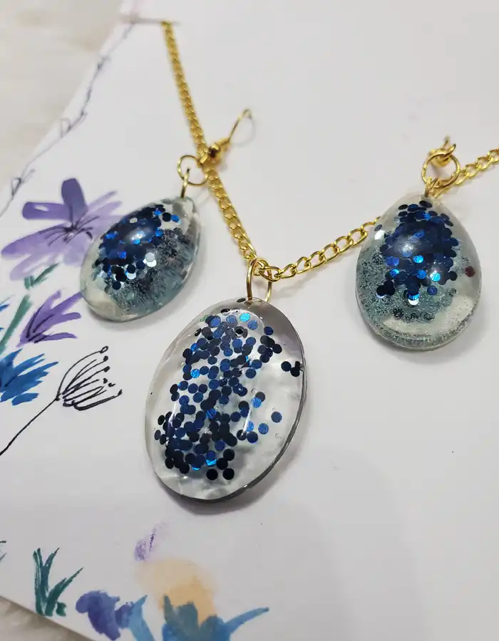 Resin Jewellery Set - Pendant & Earrings - Blue Glitter